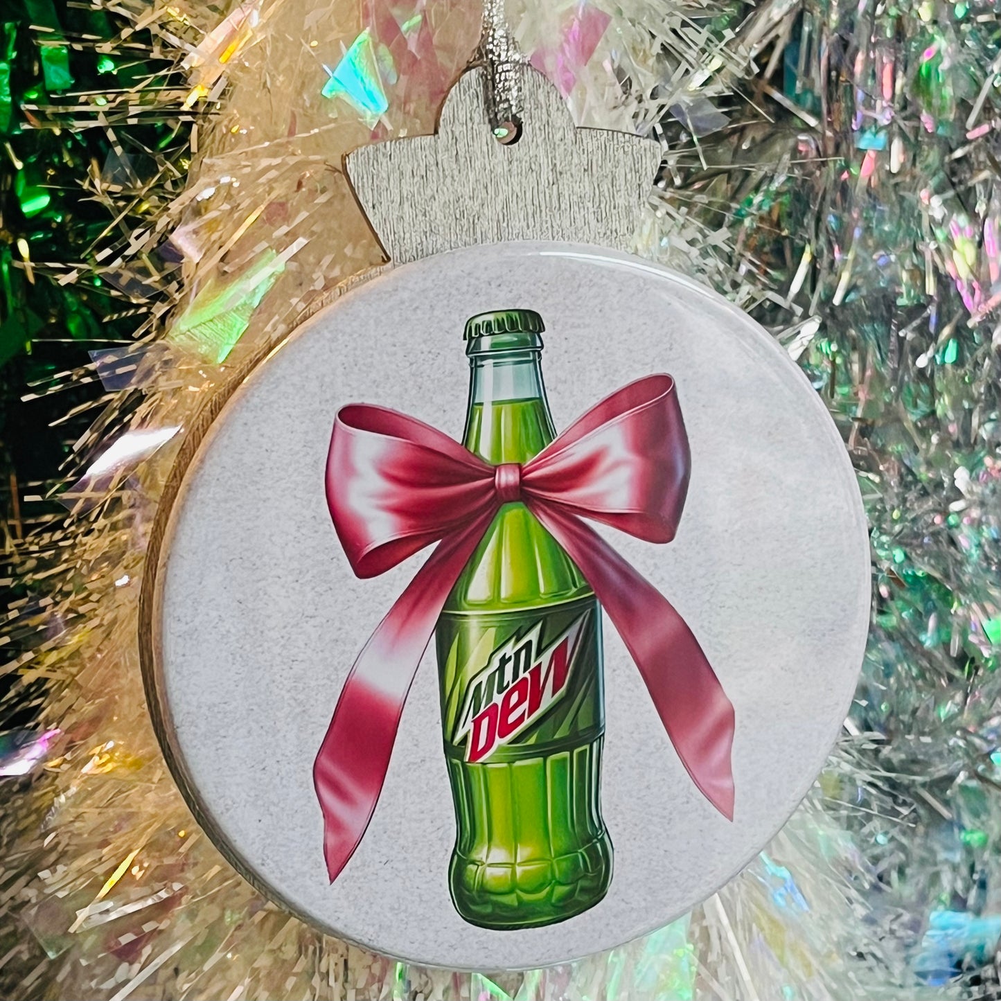 MOUNTAIN DEW BOTTLE WITH PINK BOW CHRISTMAS ORNAMENT