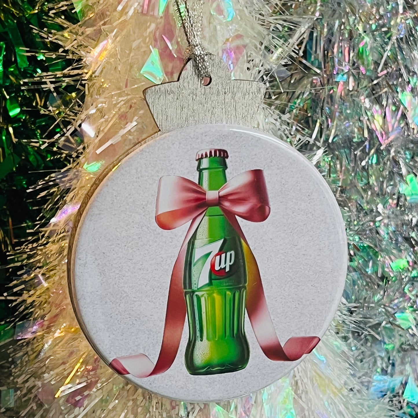 7-UP BOTTLE WITH PINK BOW CHRISTMAS ORNAMENT