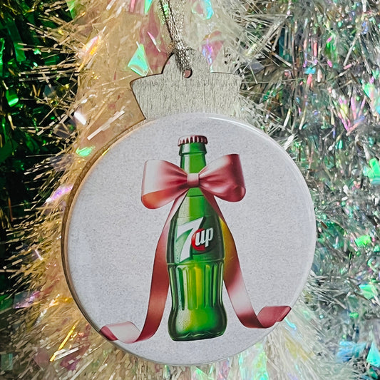7-UP BOTTLE WITH PINK BOW CHRISTMAS ORNAMENT