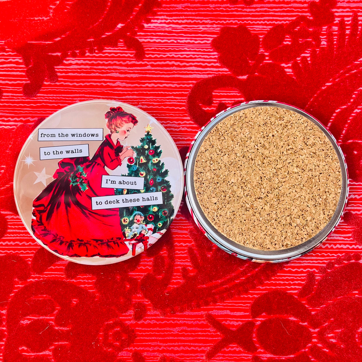 Retro Rapping Ladies Christmas Coaster Set or Individual - Decor, Fun Table set