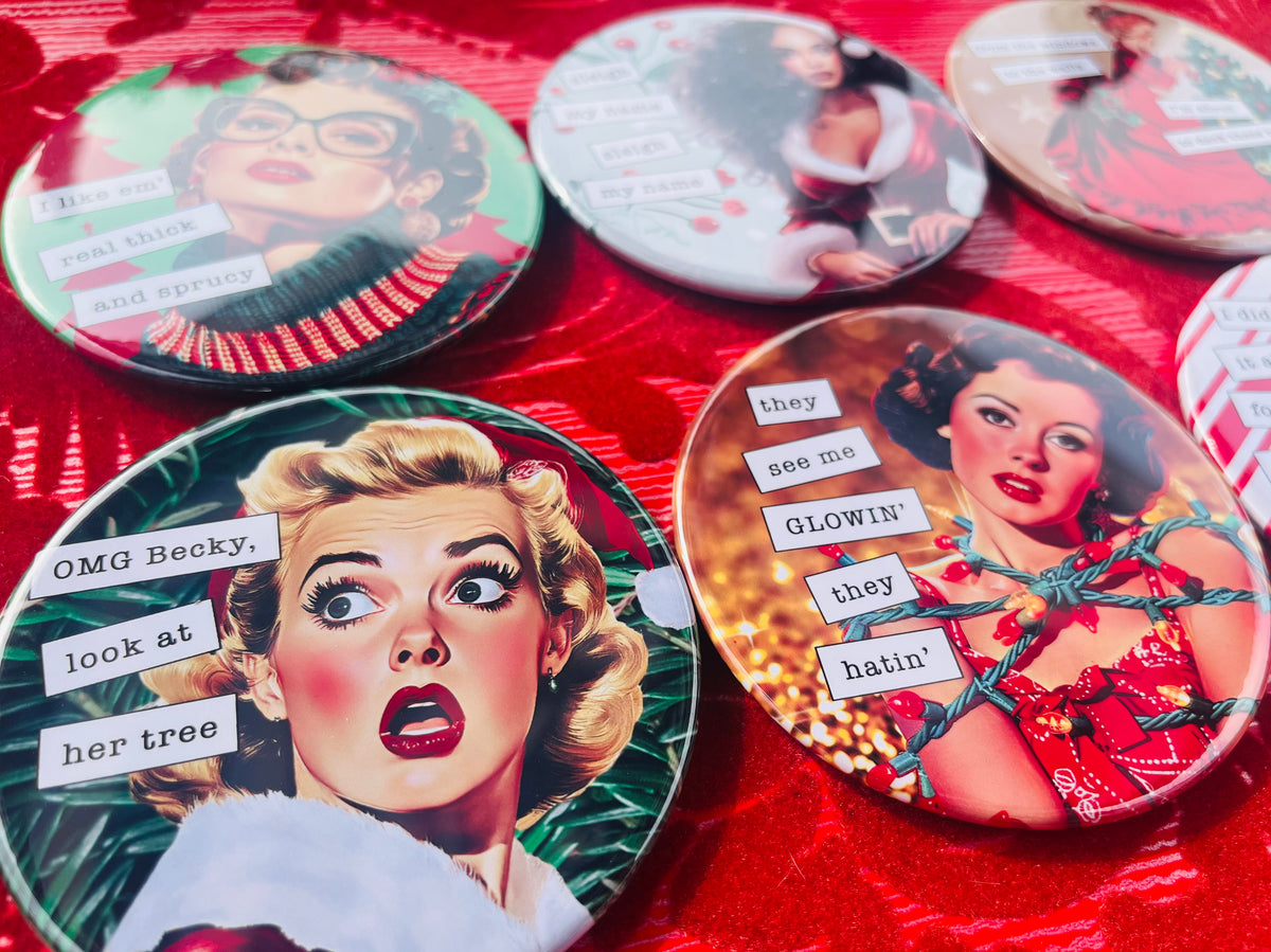 Retro Rapping Ladies Christmas Coaster Set or Individual - Decor, Fun Table set