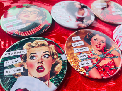 Retro Rapping Ladies Christmas Coaster Set or Individual - Decor, Fun Table set