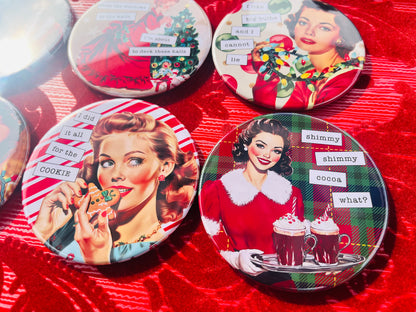 Retro Rapping Ladies Christmas Coaster Set or Individual - Decor, Fun Table set