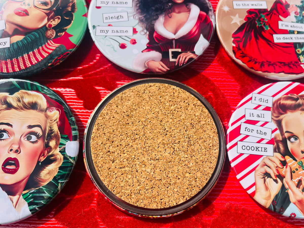 Retro Rapping Ladies Christmas Coaster Set or Individual - Decor, Fun Table set