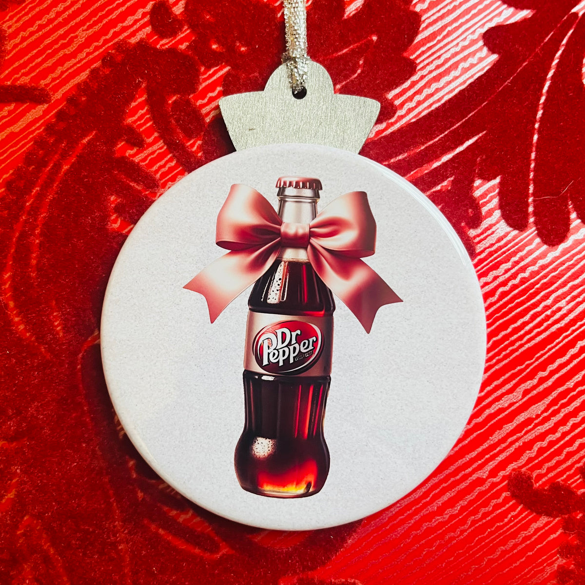DR. PEPPER BOTTLE WITH PINK BOW CHRISTMAS ORNAMENT