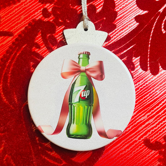 7-UP BOTTLE WITH PINK BOW CHRISTMAS ORNAMENT