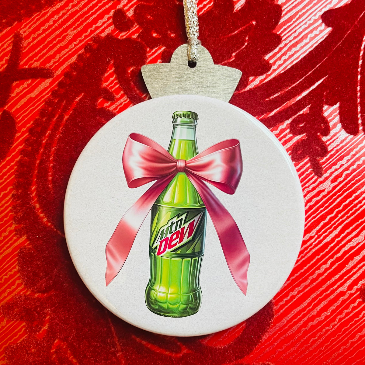 MOUNTAIN DEW BOTTLE WITH PINK BOW CHRISTMAS ORNAMENT