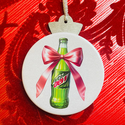 MOUNTAIN DEW BOTTLE WITH PINK BOW CHRISTMAS ORNAMENT