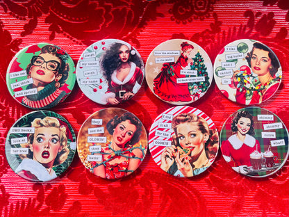 Retro Rapping Ladies Christmas Coaster Set or Individual - Decor, Fun Table set