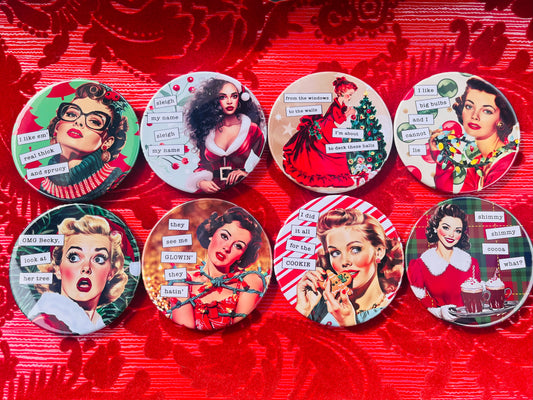 Retro Rapping Ladies Christmas Coaster Set or Individual - Decor, Fun Table set