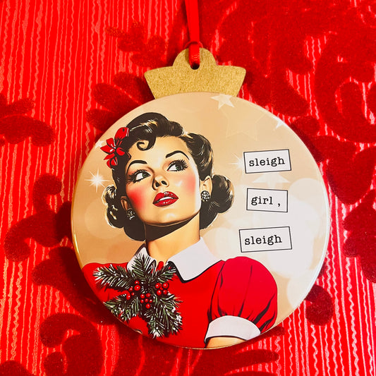 SLEIGH GIRL, SLEIGH - VINTAGE HOLIDAY LADIES CHRISTMAS ORNAMENT