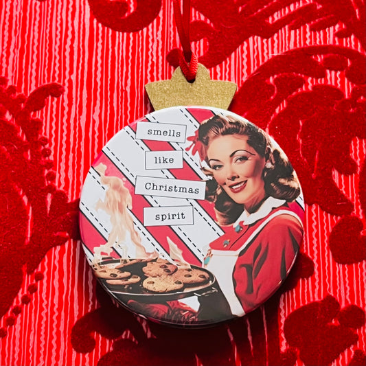 SMELLS LIKE XMAS SPIRIT  Funny 3.5” Handmade Christmas Button Ornament