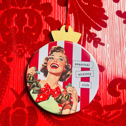 SEASONAL ANXIETY CLUB Funny 3.5” Handmade Christmas Button Ornament