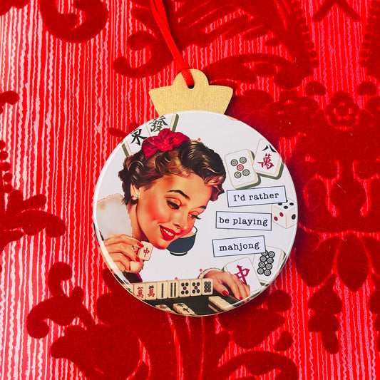 I'D RATHER BE PLAYING MAHJONG 3.5” Handmade Christmas Button Ornament