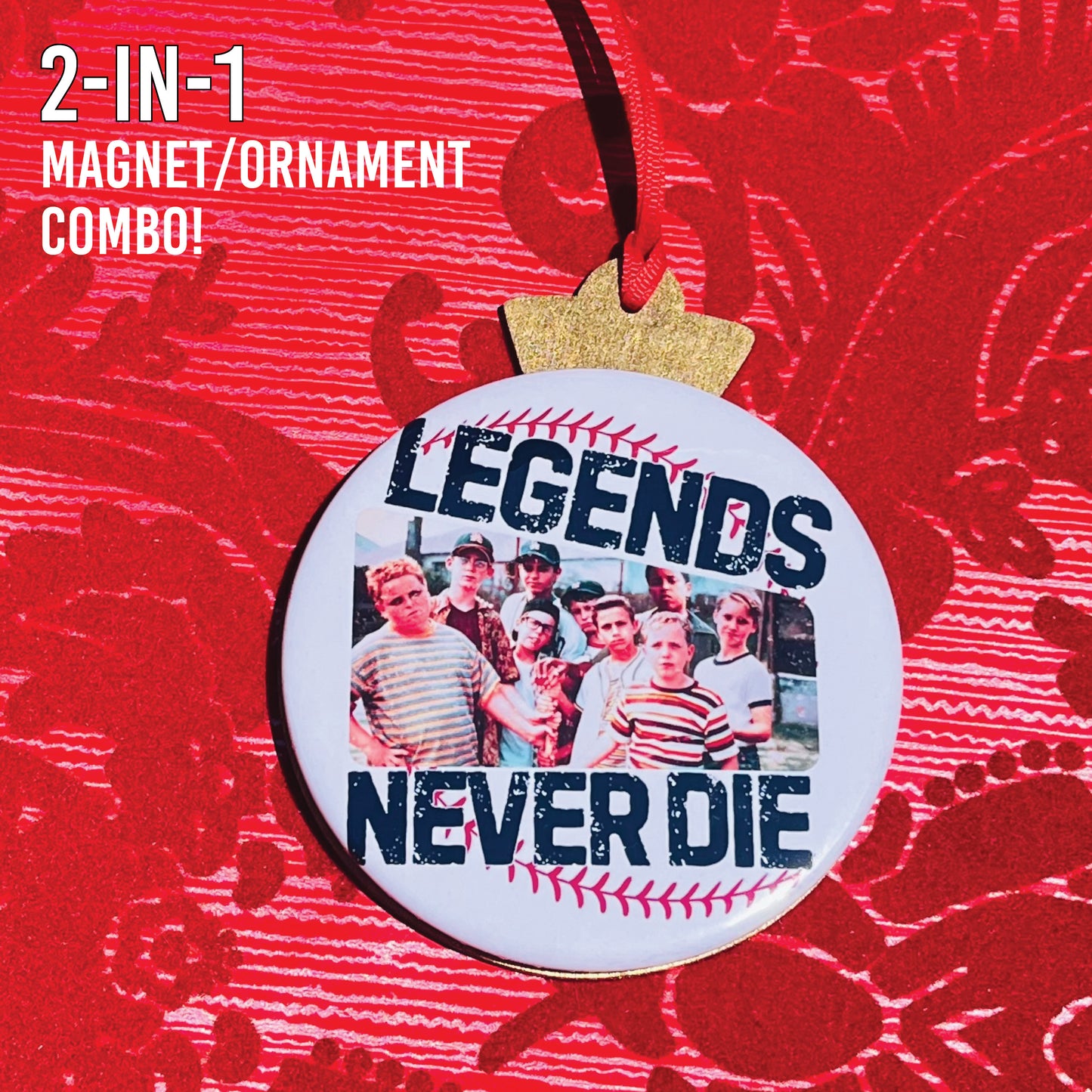 LEGENDS NEVER DIE Baseball Nostalgia 3.5” Handmade Christmas Button Ornament/Magnet Combo