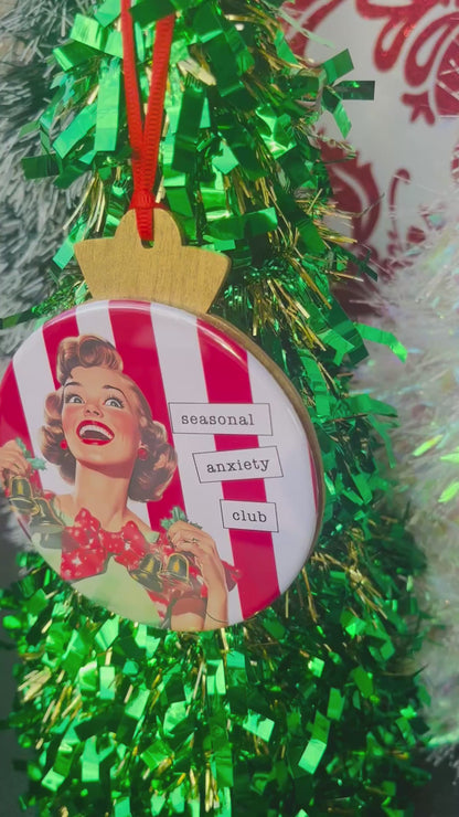SEASONAL ANXIETY CLUB Funny 3.5” Handmade Christmas Button Ornament
