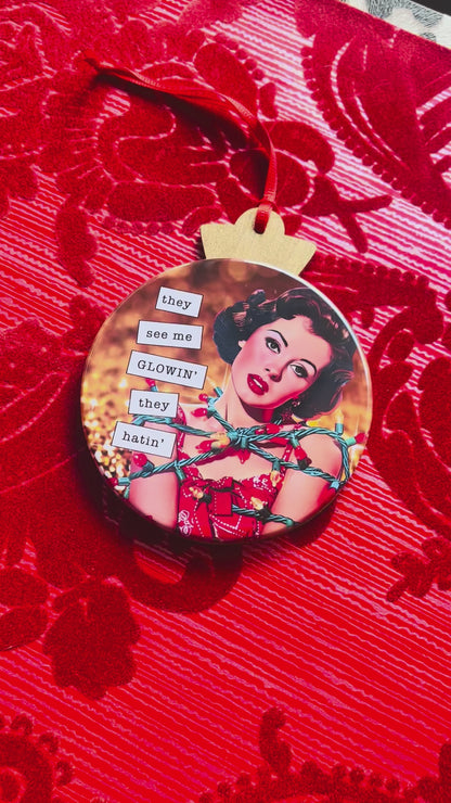 They see me GLOWIN', they HATIN' - VINTAGE HOLIDAY LADIES CHRISTMAS ORNAMENT