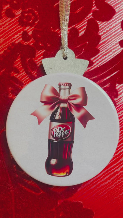 DR. PEPPER BOTTLE WITH PINK BOW CHRISTMAS ORNAMENT