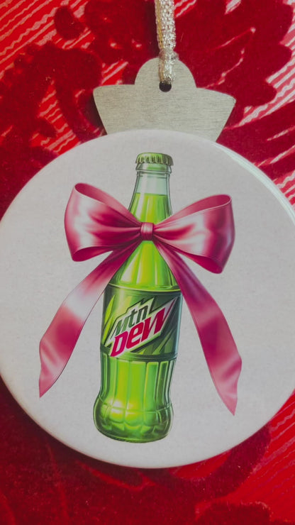 MOUNTAIN DEW BOTTLE WITH PINK BOW CHRISTMAS ORNAMENT