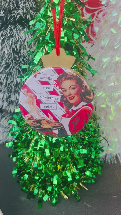 SMELLS LIKE XMAS SPIRIT  Funny 3.5” Handmade Christmas Button Ornament